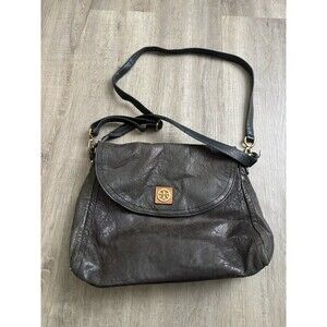 Tory Burch Messenger Bag Black Distress Leather Gold Logo